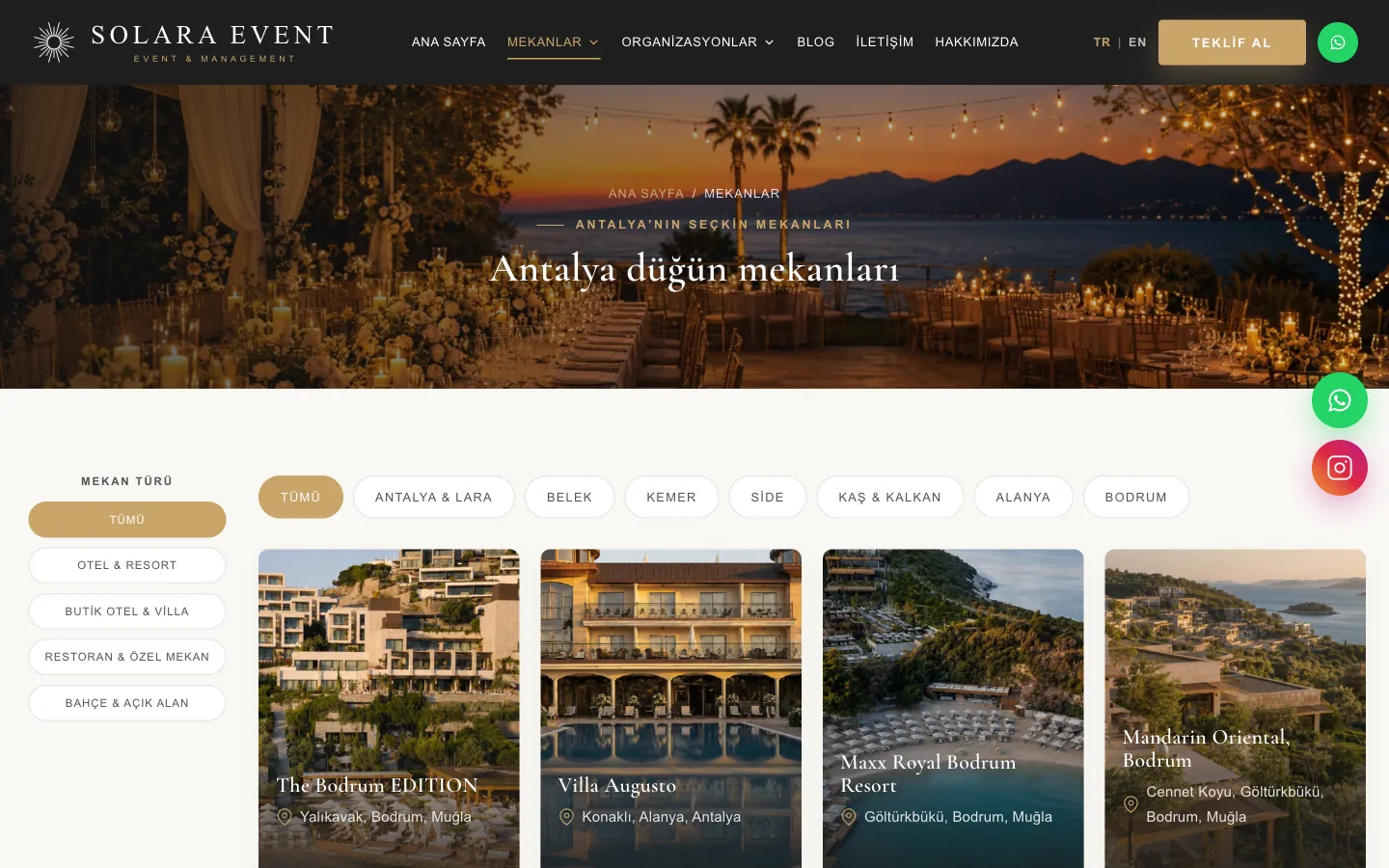 Solara Event mekanlar sayfası